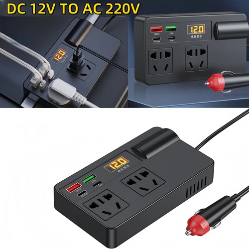 Imagen 1 del producto Convertidor de potencia del inversor del coche 200W DC 12V/24V a AC 220V con pantalla de voltaje Digital USB PD tipo C QC 3,0 interruptor del cargador