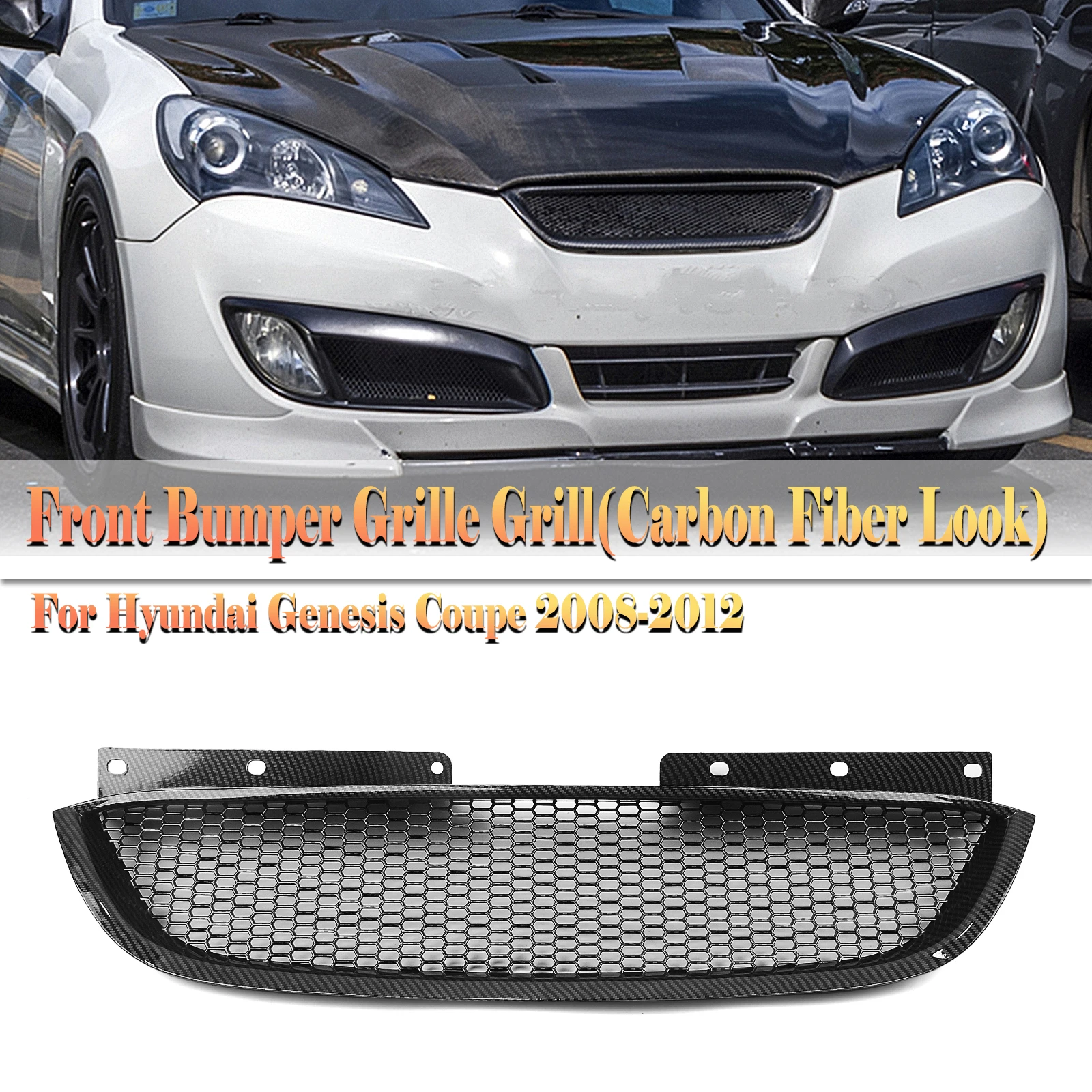 

Grill Front Grille For Hyundai Genesis Coupe 2008-12 Honeycomb Style Carbon Fiber Look/Gloss/Matte Black Upper Bumper Hood Mesh