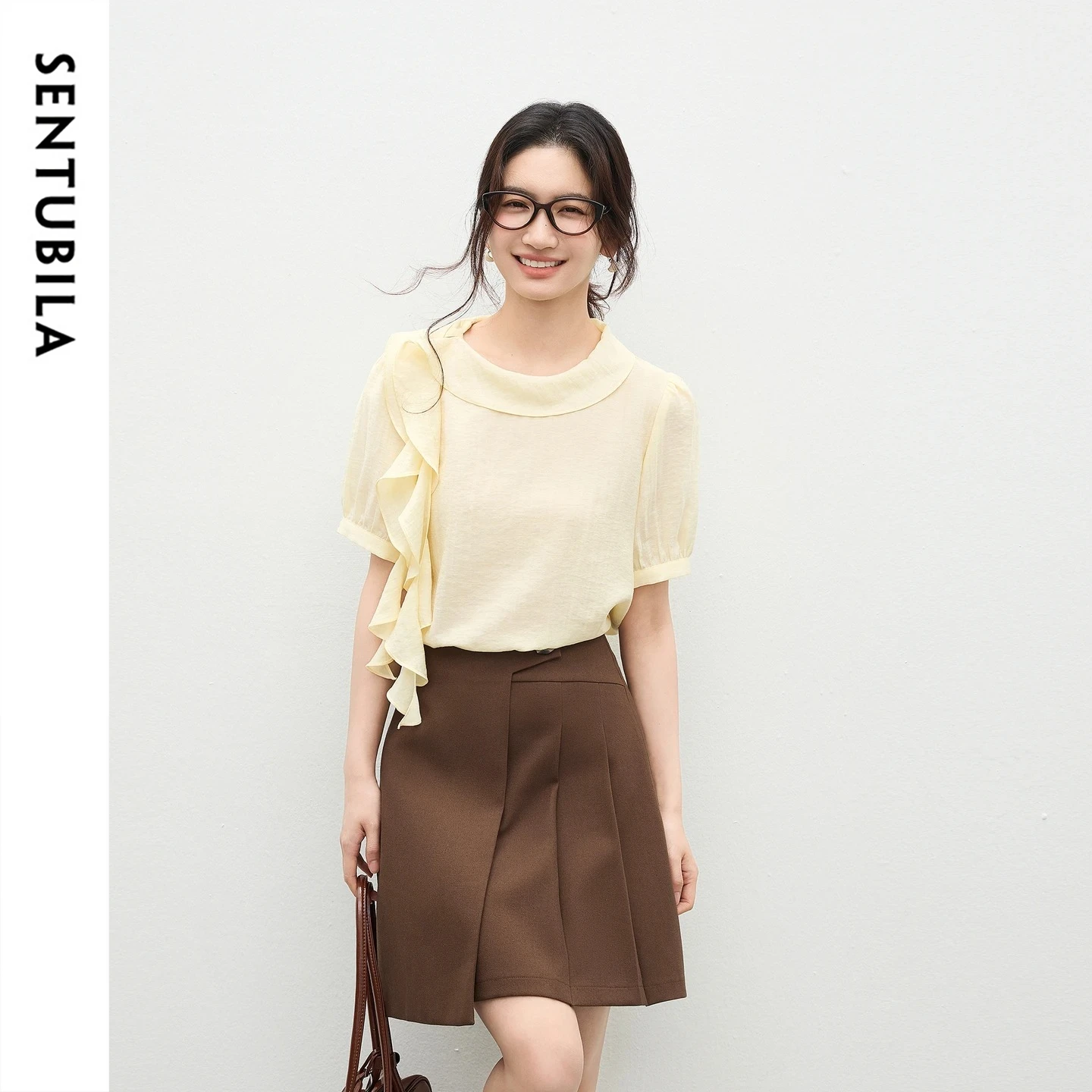 

SENTUBILA Elegant Puff Sleeve Chiffon Blouse Women Ruffle Ribbon Foldover Collar Shell Button Summer Casual Shirt W62VC7539