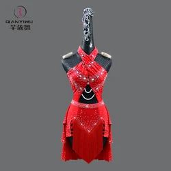 2026Red Latin Dance Clothes Line Costume Sexy Party Dress Competition Sports Suit Midi Ball Prom Stage Outfit Girl Skirt Parties