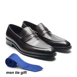 Classic Handmade Mens Penny Loafers Genuine Leather Blue Wedding Party Formal Shoes Italian Style Business Dress Shoes for Men