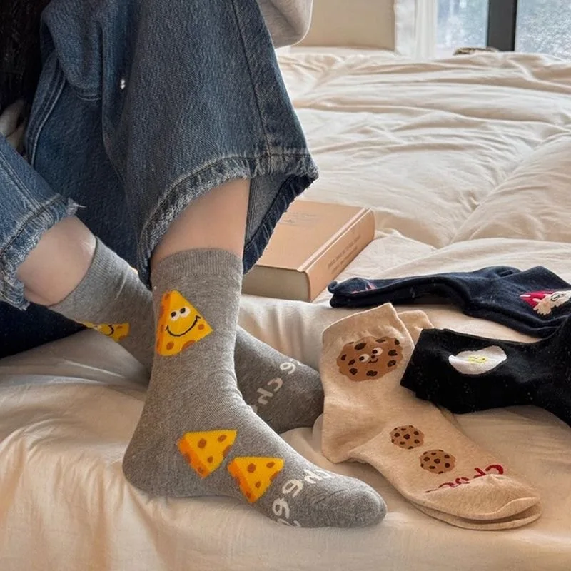 Cookie Cheese Socks Girls Mid-Barrel Graffiti Ins Girl Soft Girl Mid-Tube Socks Student Socks Cute Cartoon Women'S Socks Pile So