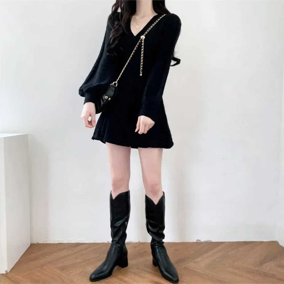 Knit Knitted Sweater Mini Dress Women Casual Lantern Sleeve Short Dresses 2023 Autumn Winter V-neck Outfits Female