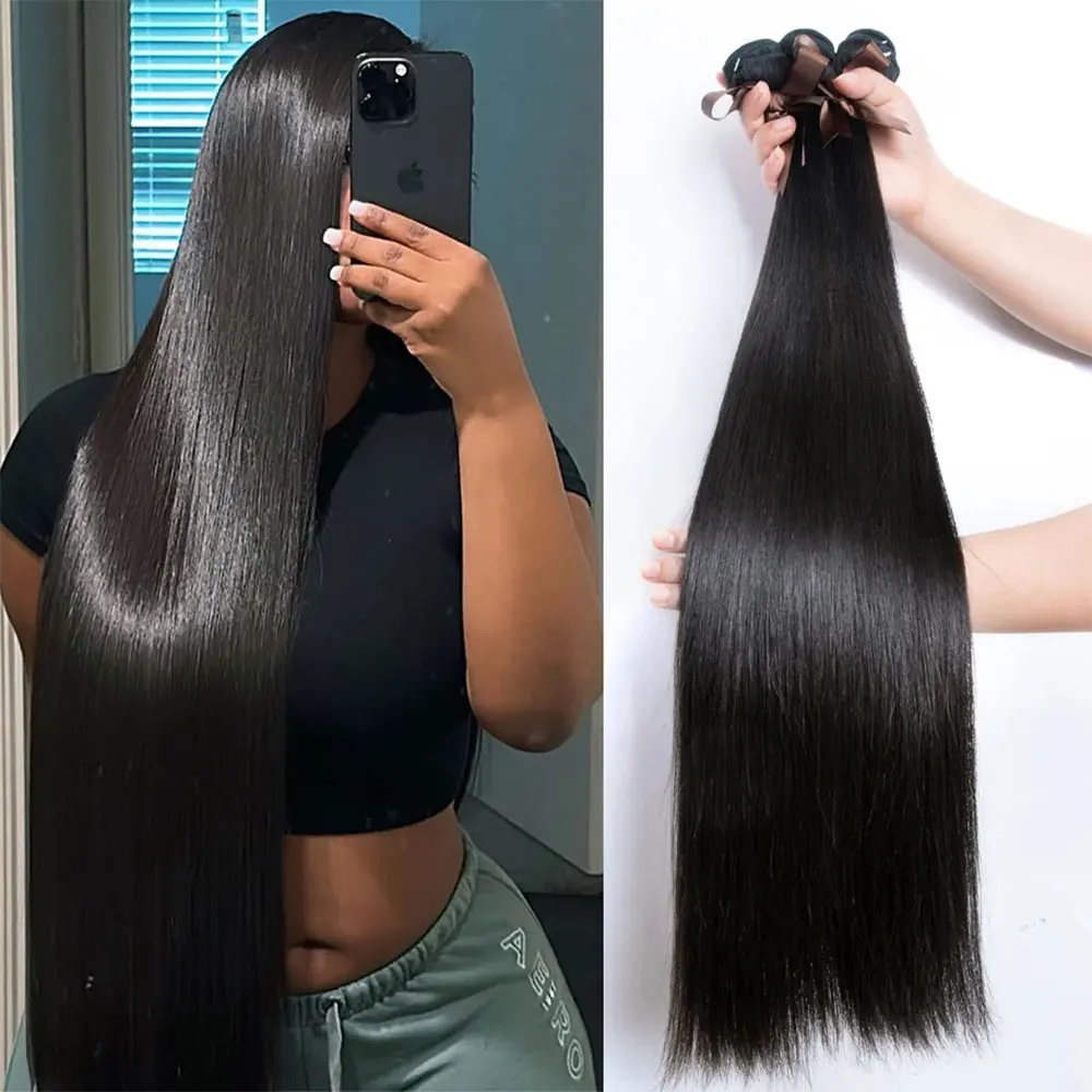 Rambut manusia lurus tulang Brasil 1 3 4 bundel ekstensi rambut Remy Virgin mentah kain ganda grosir bundel 26 28 inci