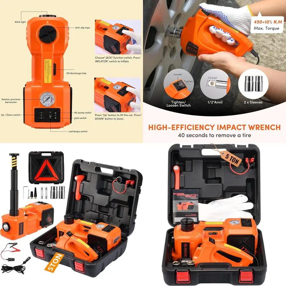 

12V Portable Hydraulic Car Jack Kit, 5-Ton Capacity, with Impact Wrench, Tire Inflator, and LED Light for SUVs and Sedans, 6-17.
