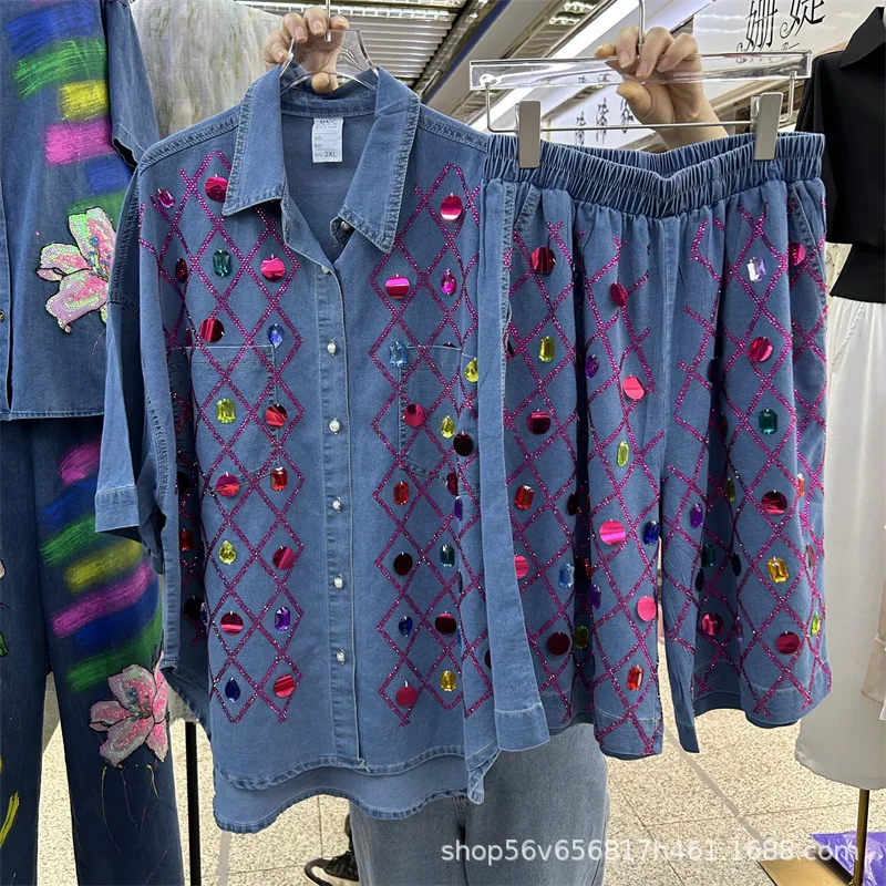 

Summer Women Drilling Plaids Big Sequins Denim Shirts Diamonds Beaded Jeans Blouse Cowboy Tops + Denim Wide Legs Shorts 2Pcs Set