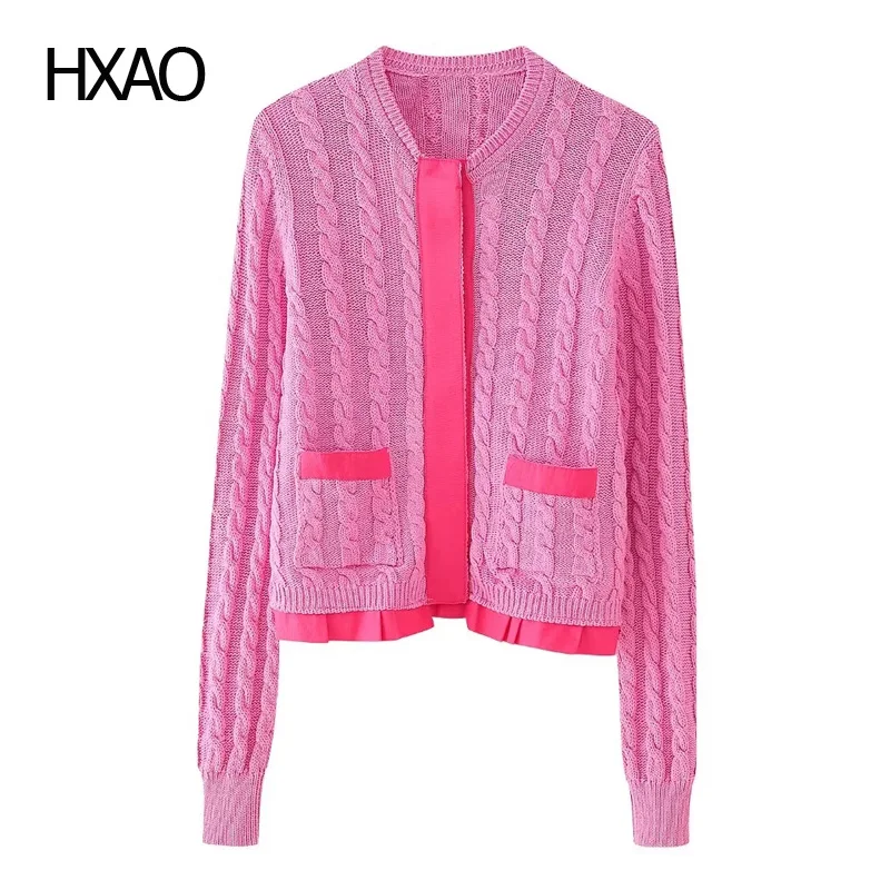 

HXAO Women Fashion Cropped Knit Sweater Vintage Females Pink O Neck Long Sleeve Tops With Pockets Hidden Button Chic Tops