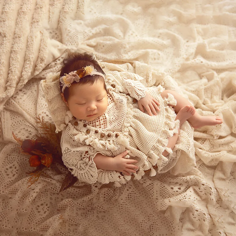 Adereços de fotografia para bebê recém-nascido, roupas fotográficas menina, traje rendado, chapéu orelhas de coelho, flor simulação, travesseiro, adereços foto criativa