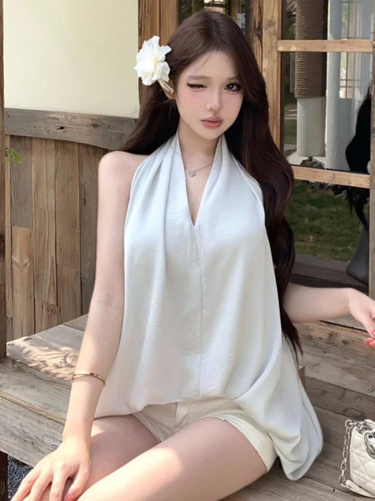 

Elegant Cold Shoulder V-Neck Satin Shirt Women's Loose Slimming Fashionable Top City Walk Spring Summer Sleeveless Polyester ...