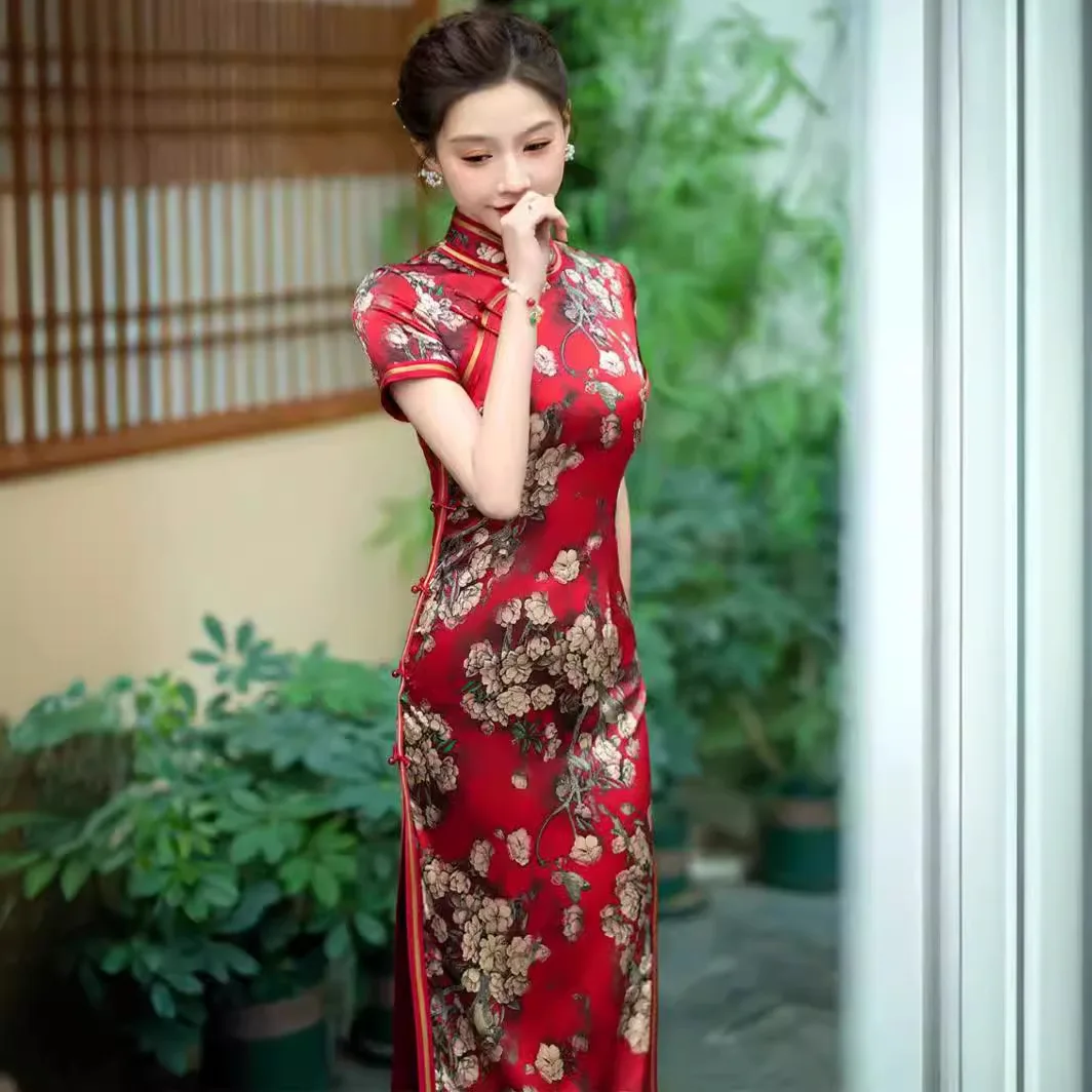 High-End Quality Real Silk Cheongsam Qipao Summer Women's Retro Improved Dress Long Chinese Style Chi-Pao