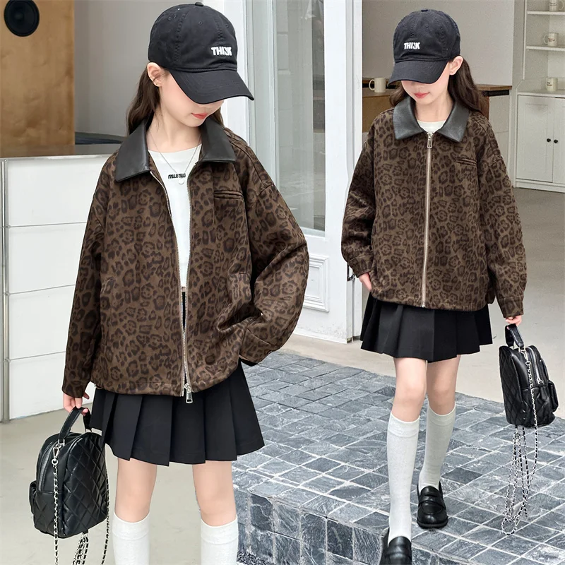 

High Fashion Children Leopard Print Jacket with Leather Collar for Teens Girl Trendy Streetwear Outfit Kids Autumn Zipper Coat