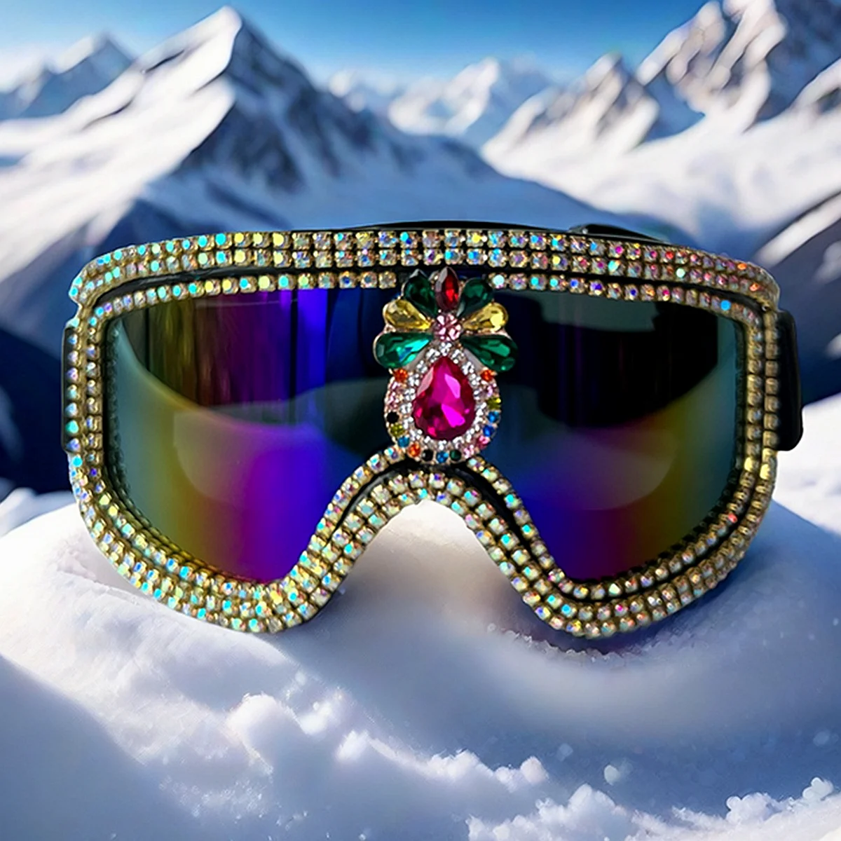 Vintage Ski Goggles Anti Fog Snow Goggles UV Protection Colorful Lens Luxury Rhinestone Snowboard Goggles for Men Women Adult Yo