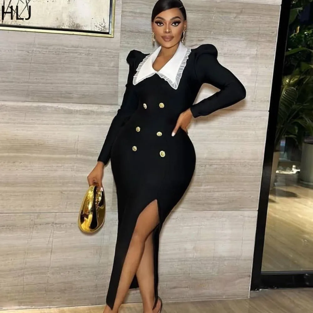 

HLJ Elegant Classic Black Long Dresses Women Sweet Lace Lapel Collar Long Sleeve Slit Slim Vestidos Fashion Party Club Clothing