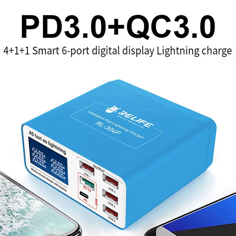 A34M-RELIFE RL-304P الذكية 6-Port USB شاشة ديجيتال البرق نمط شاحن PD3.0 + QC3.0 لجميع الهواتف المحمولة الولايات المتحدة التوصيل