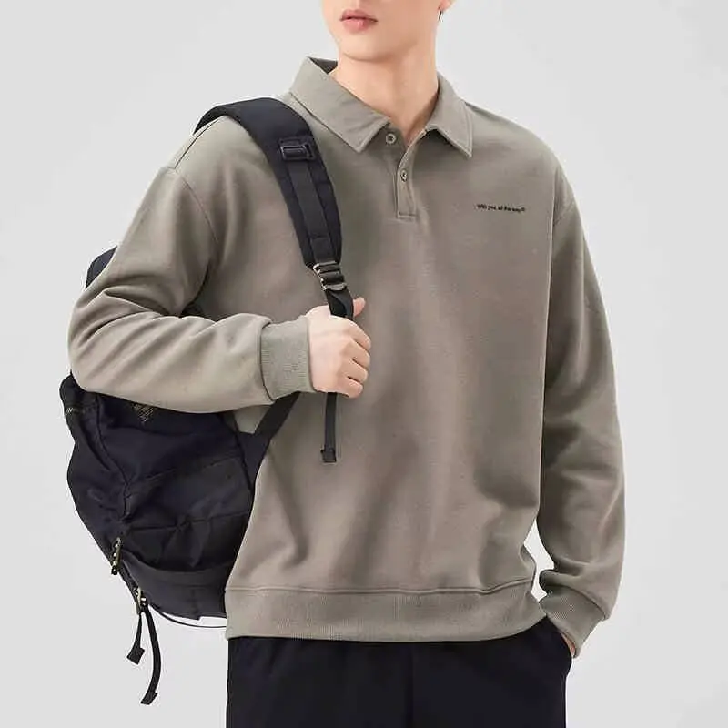 

Осенние новые мужские толстовки-поло Harajuku High Street, однотонные топы, топ высокого качества, не выцветающие футболки с длинными рукавами 2024