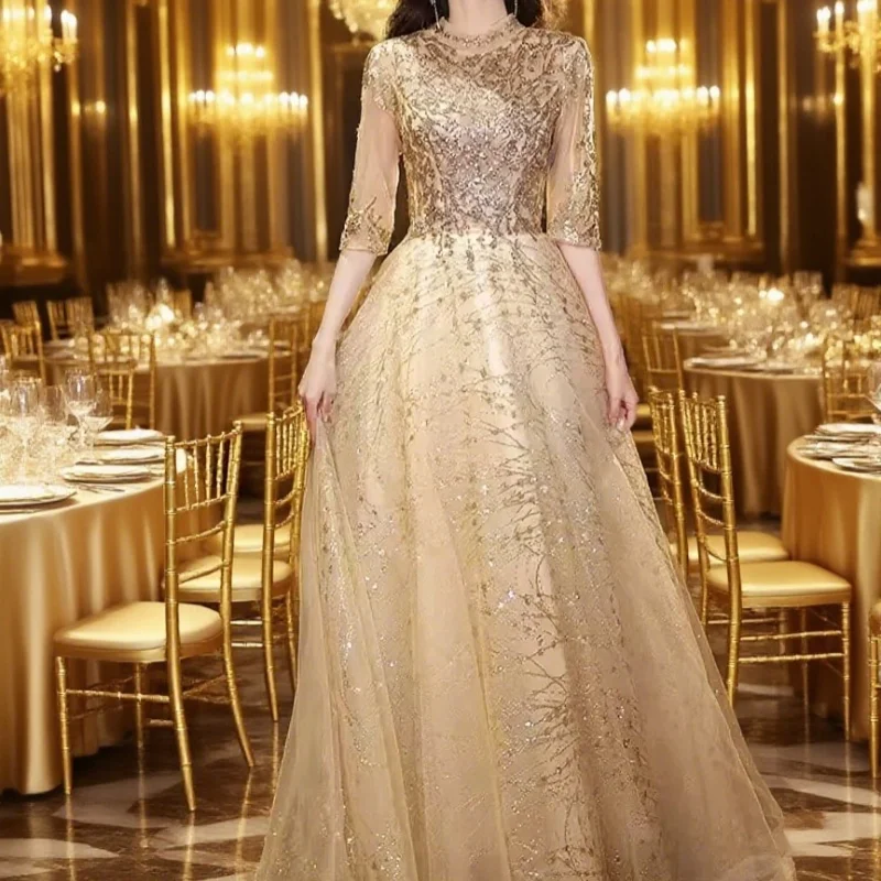

Long Sleeves Lace Appliques Crystal Beads Evening Gowns Wear Wedding Guest Bridesmaid Dress Mother Of The Bride Dresses