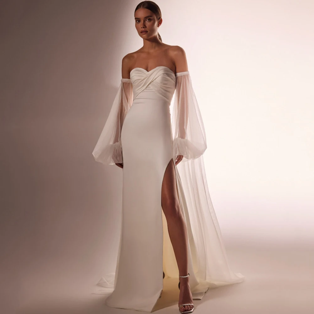 

Classic Sweetheart Strapless Wedding Dress Bride Side Slit Floor Length with Pleat Sheath Backless Gowns Detachable Puff Sleeves