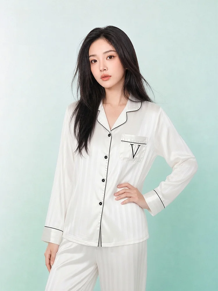 Pimai Ladies Summer Ice Silk Long Sleeve Sleepwear Home Clothes Bright Stripe Pattern Ultra Soft Moisture Wicking Outwear Ready