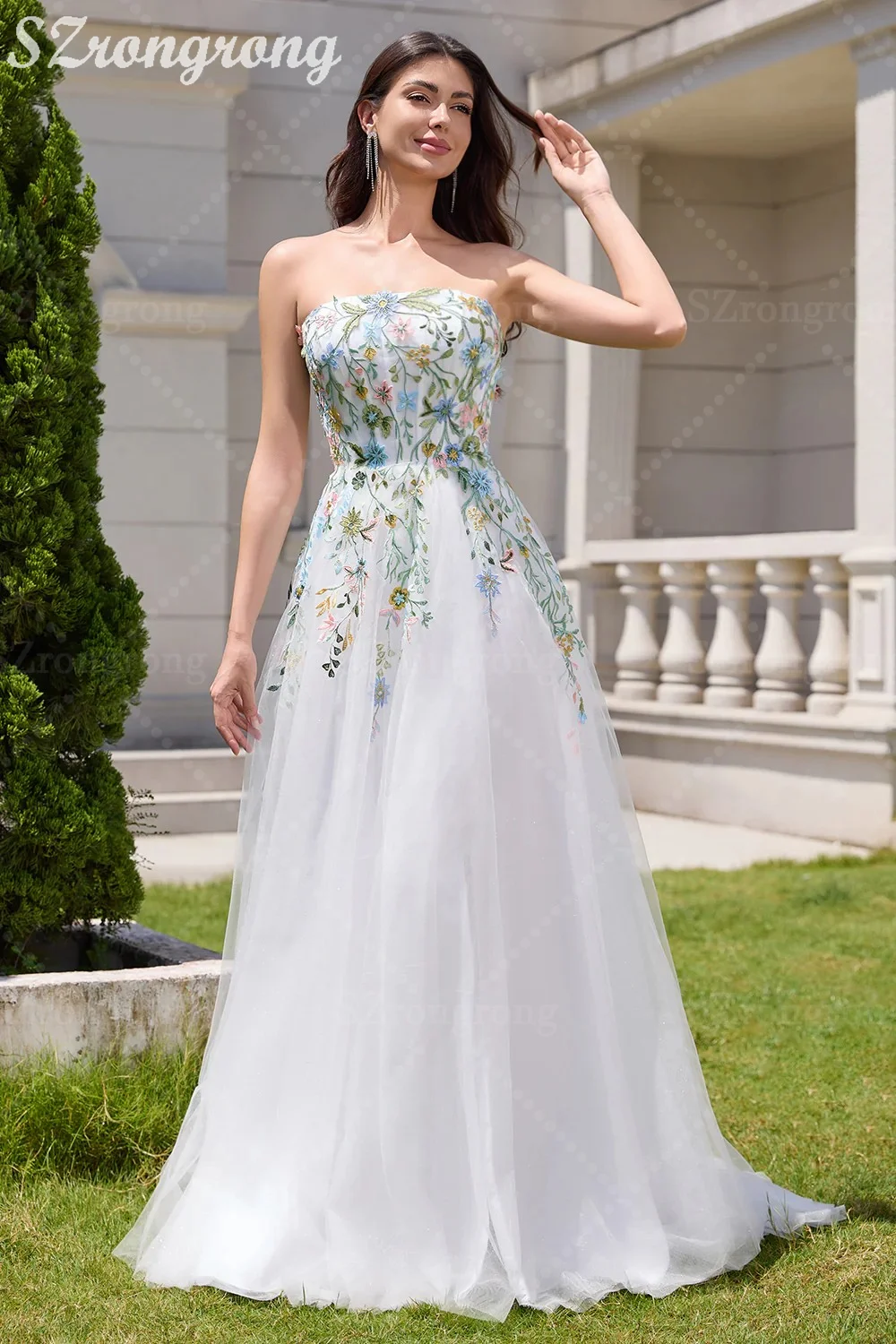 Vestido de novia elegante con cuello barco, apliques de tul y encaje, corte en A, con cordones en la espalda, largo hasta el suelo, con tren, hecho a medida