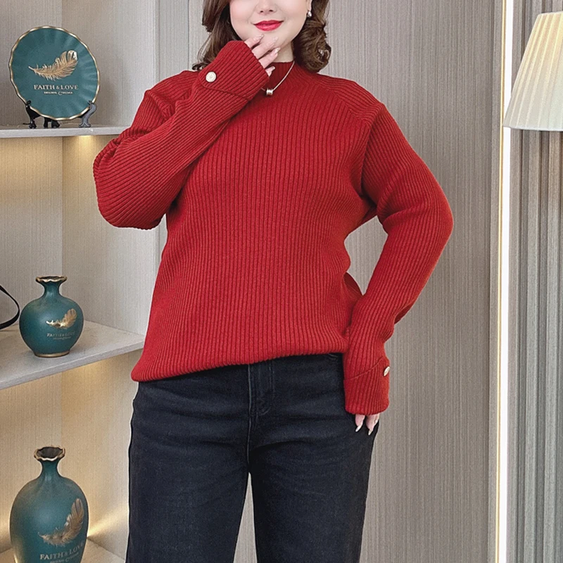 Plus Size Women Sweater Autumn Winter Mock Neck Pullover Cuffs Button Knitted Jumpers 2482