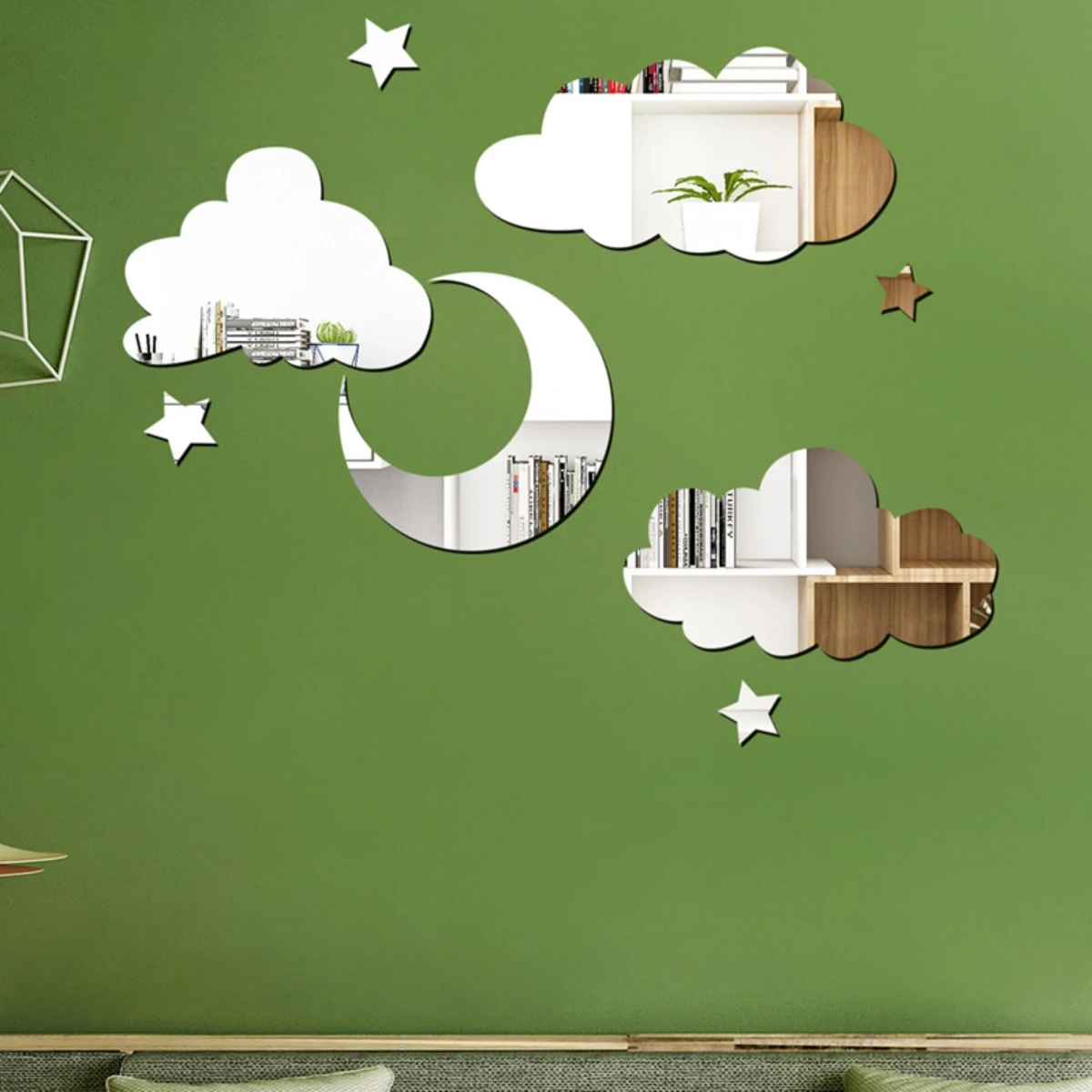 1PC Mirror Wall Sticker Cloud Moon Combination Bedroom and Living Room Mirror Decoration Wall Sticker