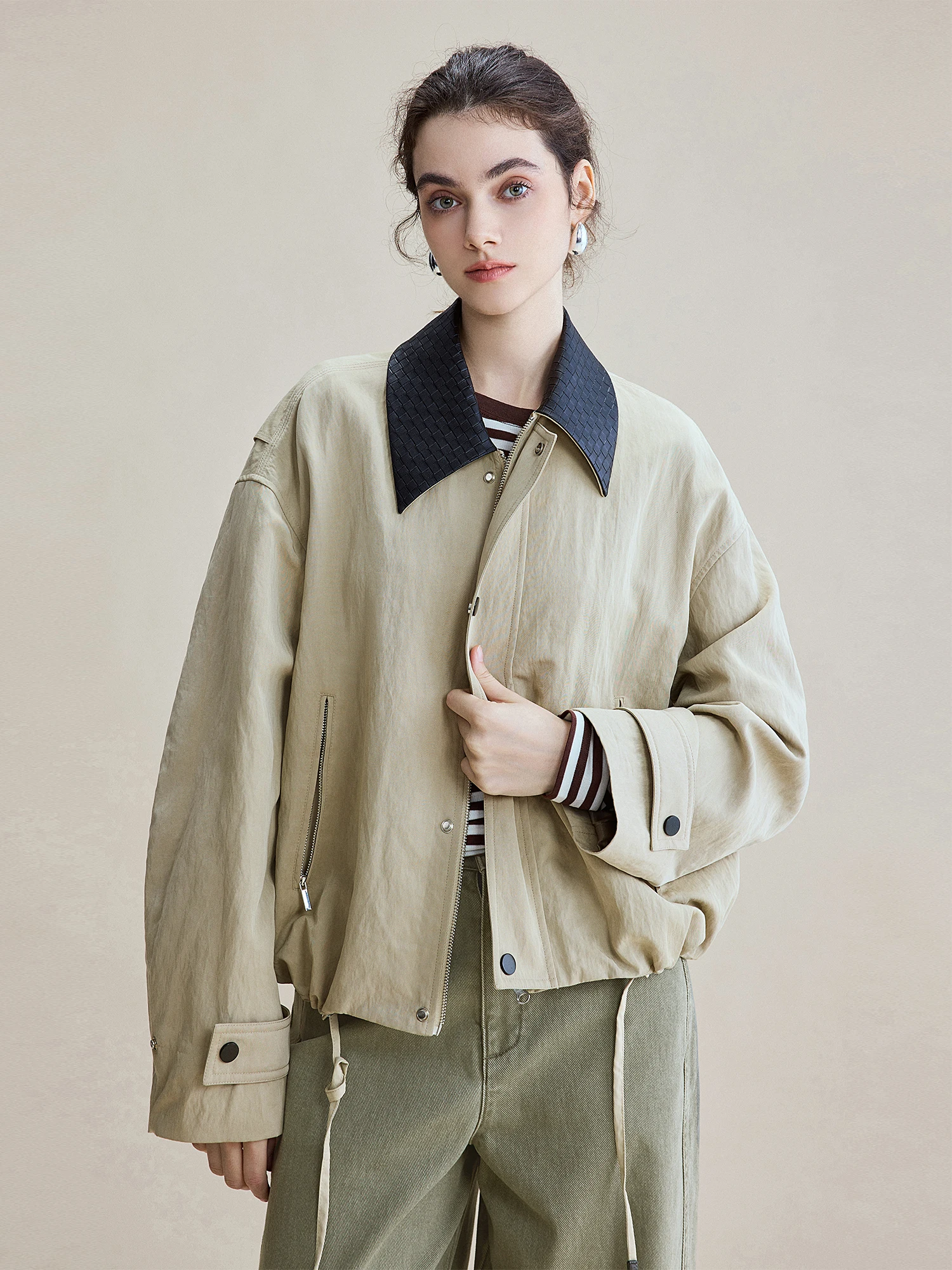 We Barn Sle ort leren kraagjas dames losse pasvorm contrasterende kleur Lyrca Fiber lente nieuwe mode bovenkleding