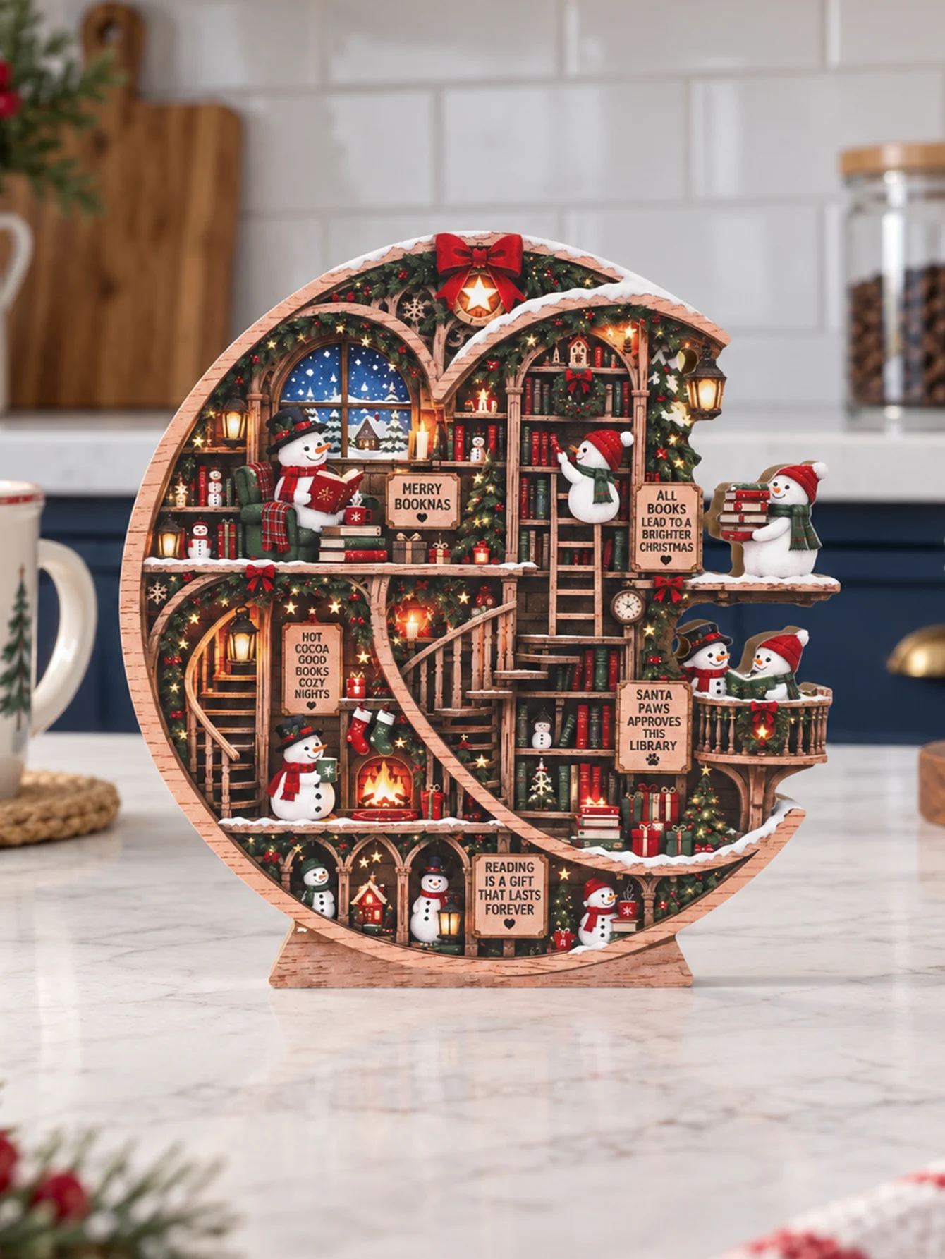 Moon Shape Christmas Snowman Library Tabletop Ornament Vintage Book Nook Scene Desktop Decor Xmas Mantel Shelf Centerpiece Gift