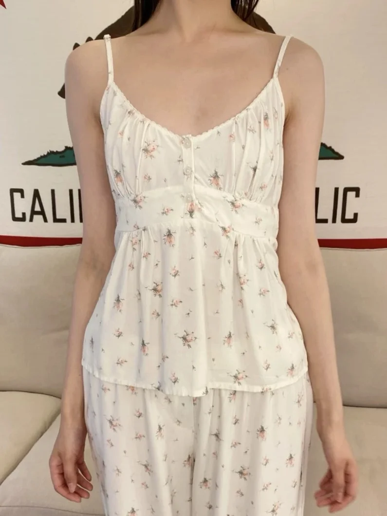 

Pink Floral Back Lace-up Tank Top Woman Summer Lace Trim Three Buttons Slim Camisole Female Cute Preppy Style Sweet Camis Y2k