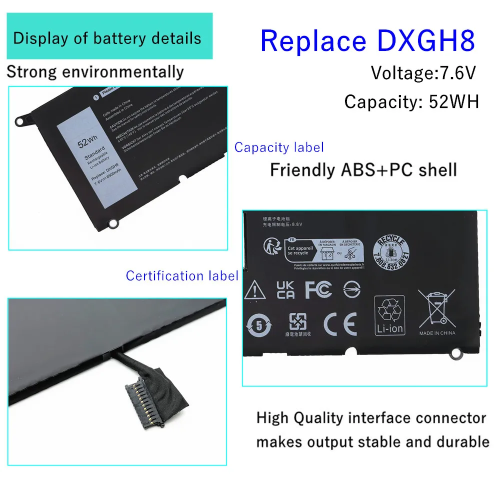 Laptop battery For Dell XPS 13 9370 2018 D1605G D1605S D1705G D1705S D1805G D1809G D1905TG D2905G 9380 (P82G002) 2019 DXGH8