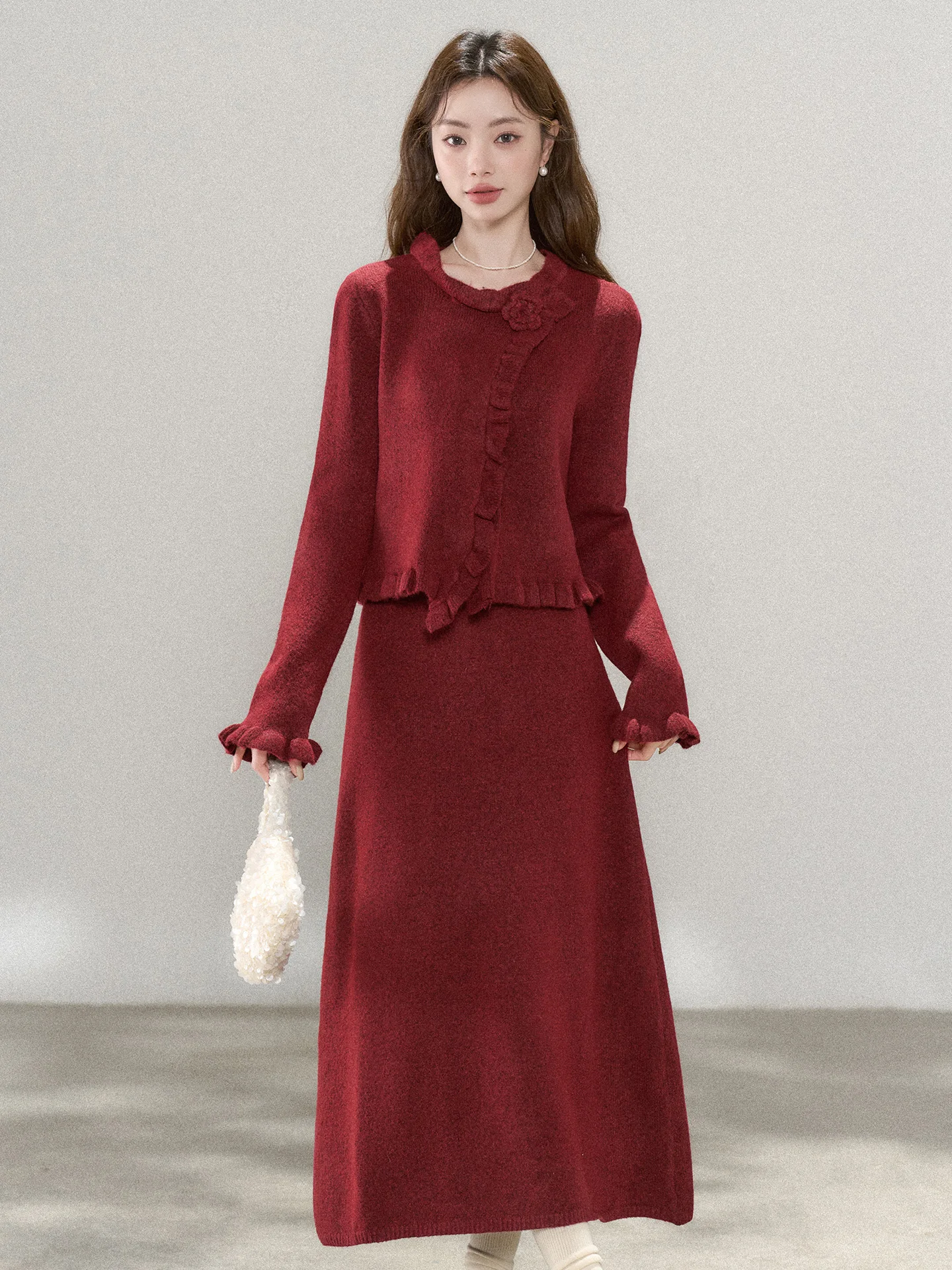 

New Year's Knitted Top And Skirt Set Women's Faion Ensemble Autumn Winter Collection High Waist Long Sve round Ne Design