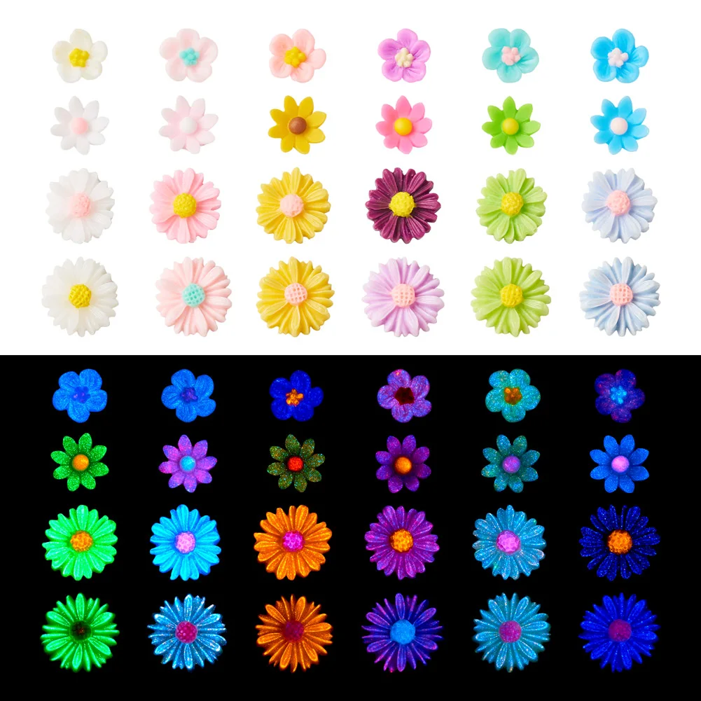 200Pcs Two Tone Flower Resin Flatback Cabochons Luminous Resin Decoden Cabochons Glow in the Dark DIY Jewelry Craft Decoration