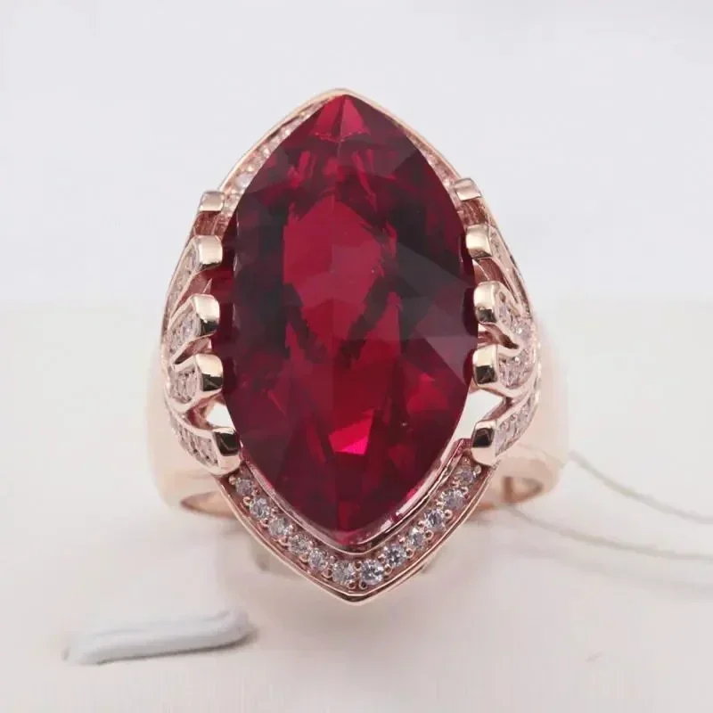 Plated 14k rose Golden crystal luxury ruby Marquise shape stone classic court charm adjustable wedding rings for couples