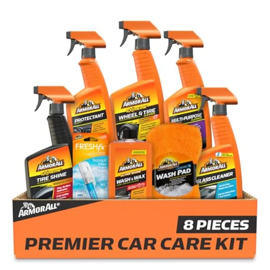 

Premier Car Care Kit, Includes Car Wax and Wash Kit, Glass Cleaner, Car Air Freshener, Tire and Wheel Cleaner 8 Piece Kit