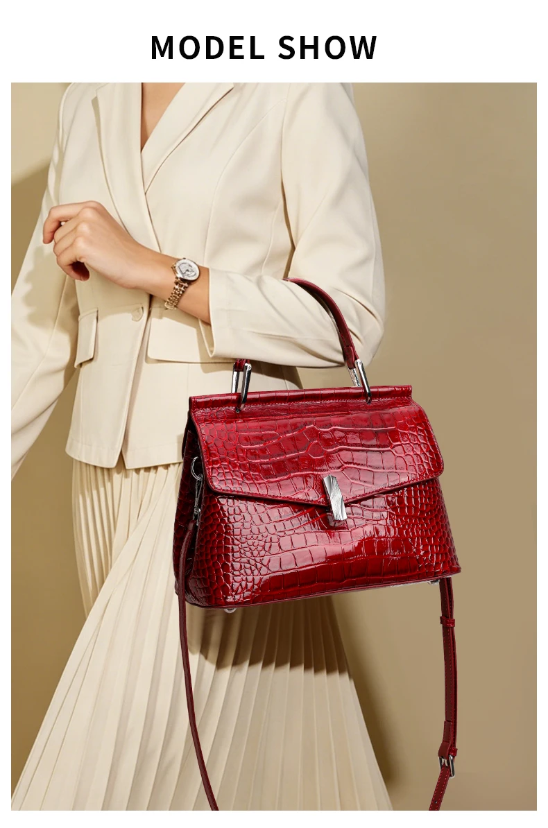 Damen-Handtasche aus Krokodilleder-Imitat, Glänzend Rote Henkeltasche mit Metallverschluss, Damen-Umhängetasche für Arbeit & Alltag – Detail 1