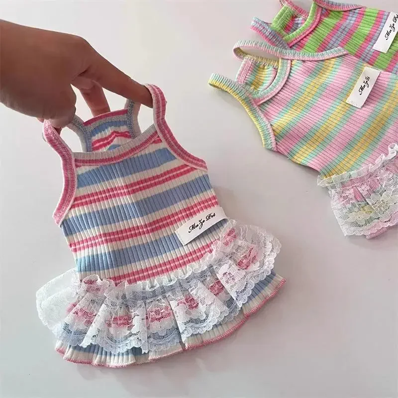 

Pet Plaid Lace Clothes Summer Striped Strap Top Dog Cat Clothes Cute Princess Skirt Small Dog Teddy Vest Thin Top Puppy Clothing