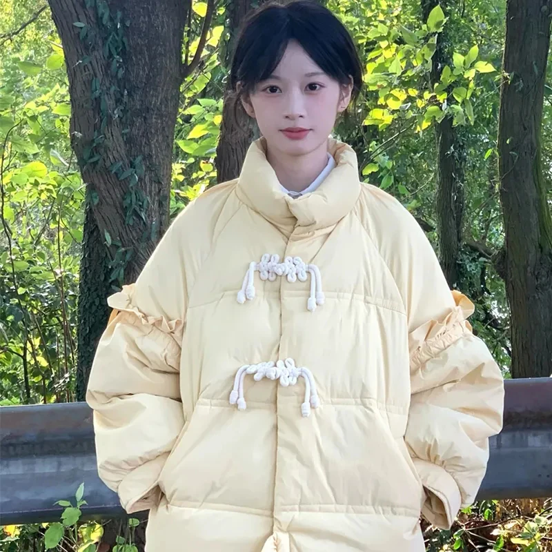 Żółte Kawaii Parki Damskie Zimowe Grube Eleganckie Zapinane na Guziki Z Falbankami Preppy Puszyste Płaszcze Luźne Codzienne z Kołnierzem Stójką Urocze Ubrania Wierzchnie dla Studentek