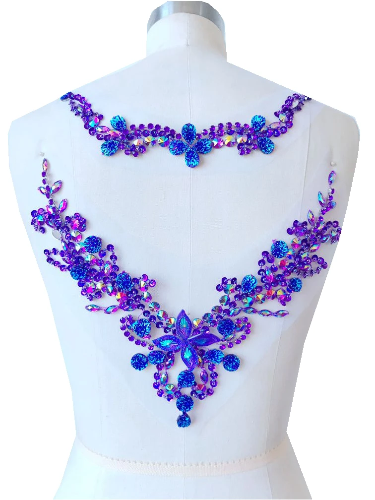 handmade  crystal patches sew on purple rhinestones applique on mesh trim for dress front and back