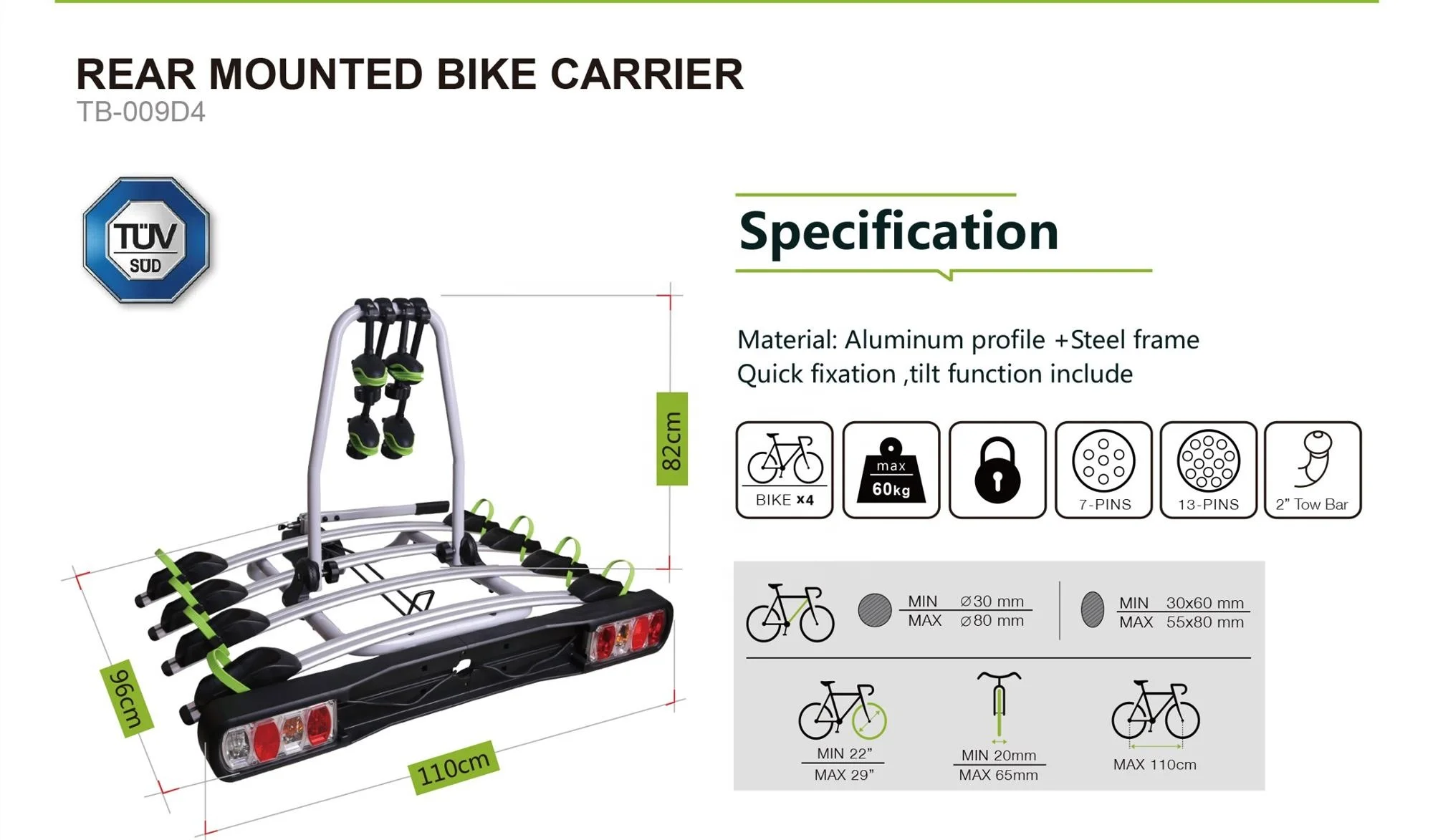 high quality TUV proved tow ball rear mount car bike carrier