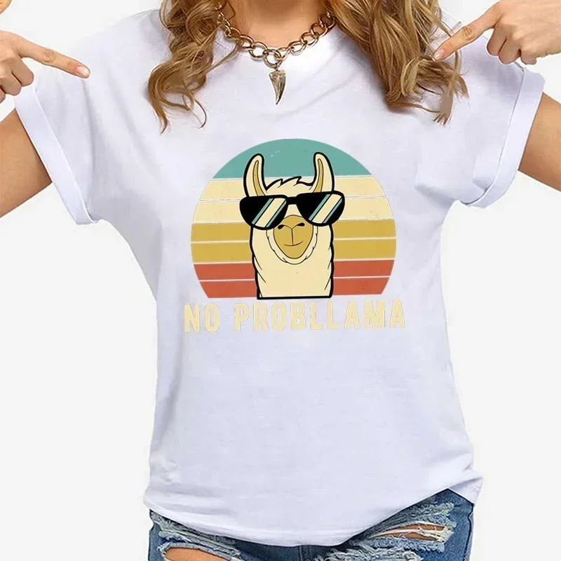 Design T Shirt Female Casual Crew Neck Short Sleeve Funny Llama Graphic Printed T-shirt Fashion Creative Summer Short Sleeved