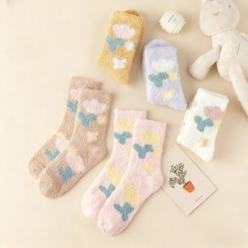 

2 Pairs of Winter Thick Warm Sleep Socks Coral Fleece Women's Mid Tube Socks Sweet Tulip Mid Tube Home Floor Socks
