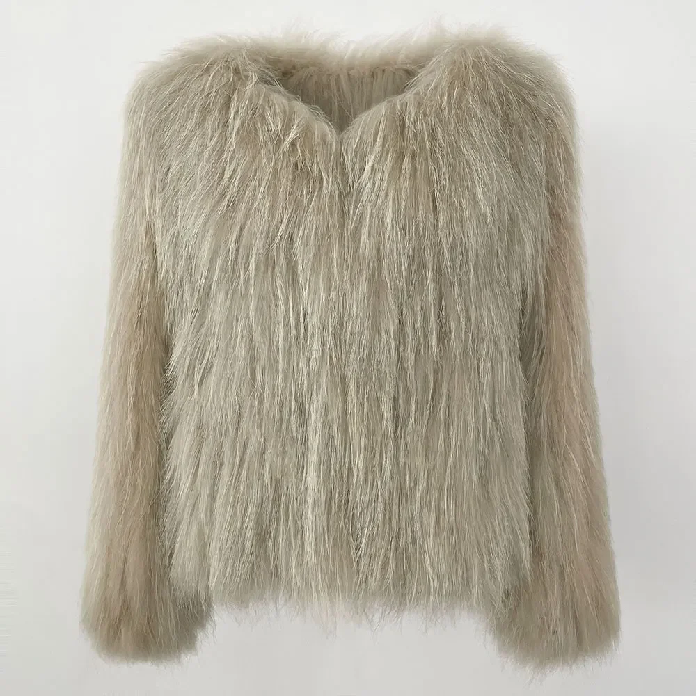 Winter Real Raccoon Fur Coat Women Double-side Knitted Thicken Natural Fur Jacket Long Sleeve V-neck Winter Coat Women