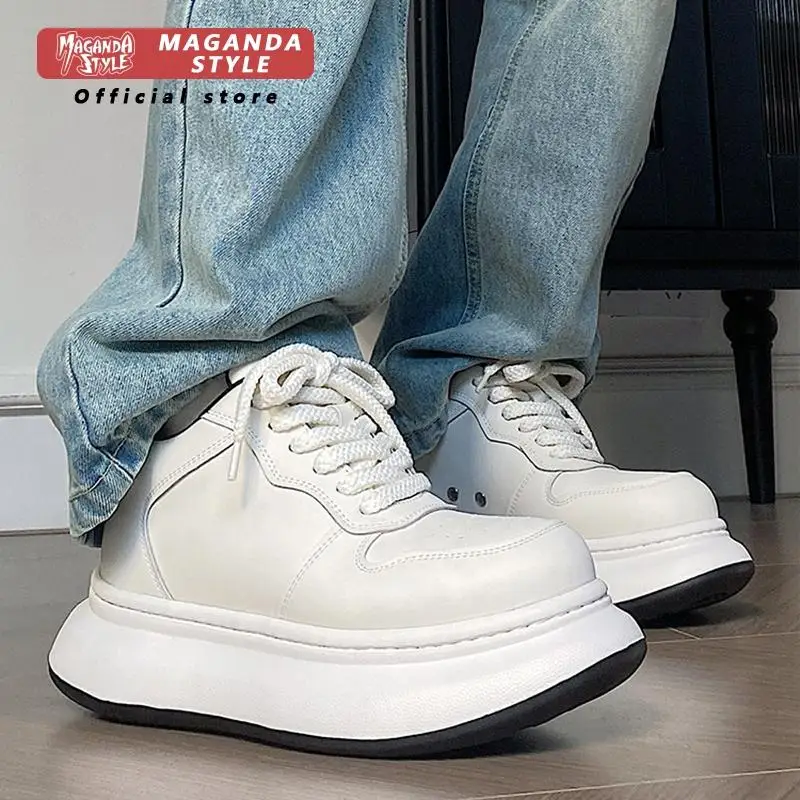 9CM invisible inner height increasing white shoes men's new leather thick soled board shoes Korean version sports dad shoes