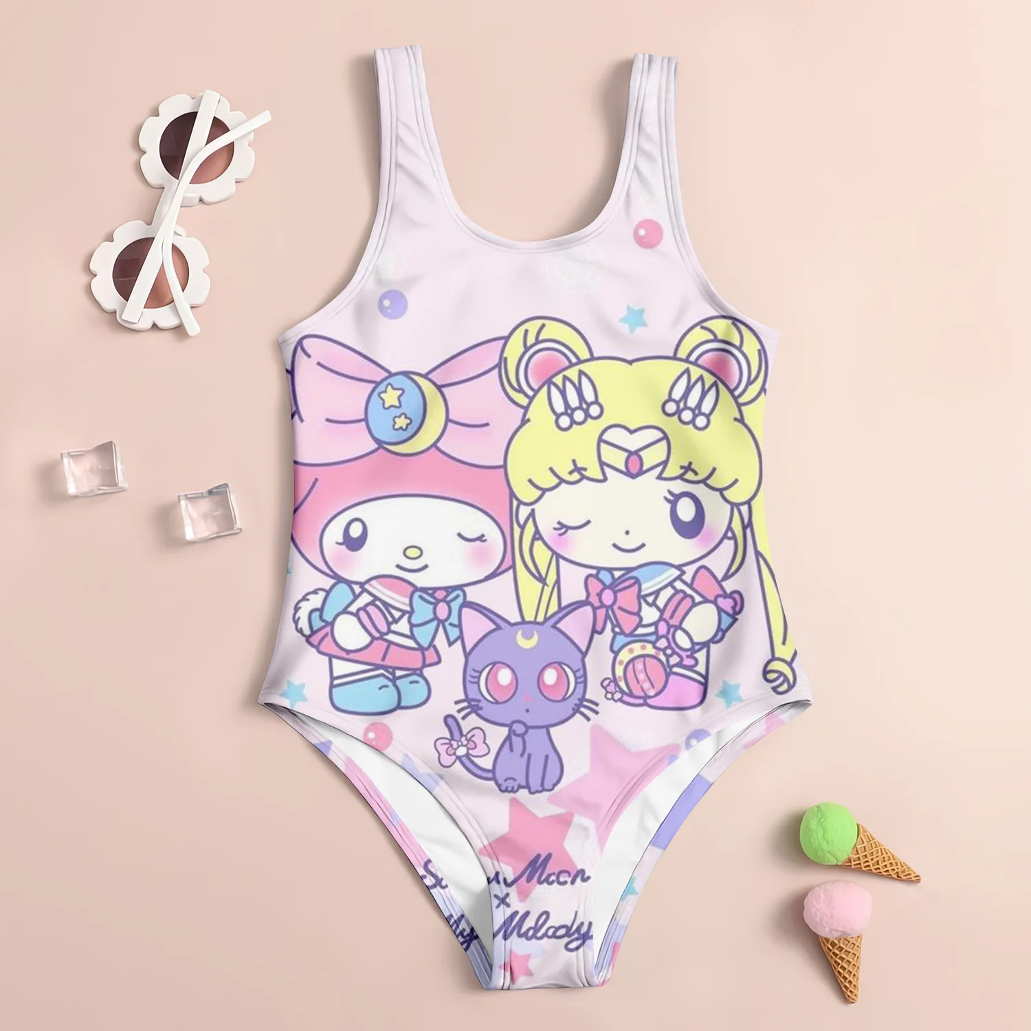 MINISO New Girls Summer One-Piece Swimsuit Fashion Cartoon Cute Cinnamoroll 3d Printed Women Swimwear Sleeveless Swim Clothing