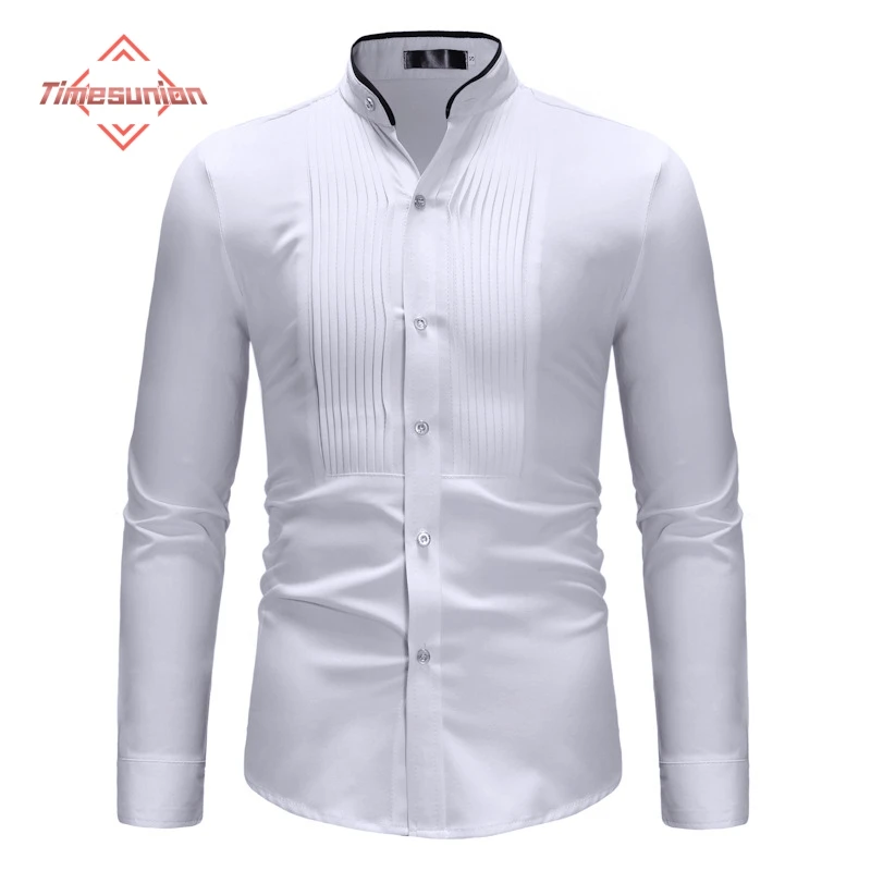 

Pleated Front Mens Dress Shirts 2024 Spring New Long Sleeve Button Down Shirt Men Banquet Business Casual Top Blouse