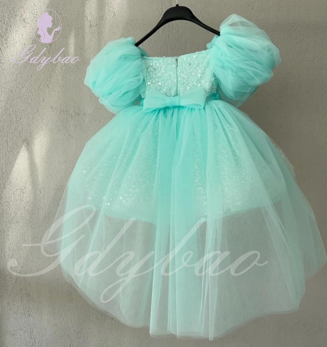 Green Beaded Flower Girl Dress For Wedding Short Sleeves Puffy Tulle Baby Kids Birthday Party First Communion Gowns