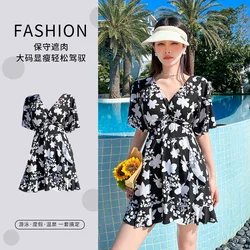 Korean Plus Size One Piece Swimsuit Women Skirt  Floral Print Short Sleeved V-neck Beach Swimwear Hot Spring Suit Summer