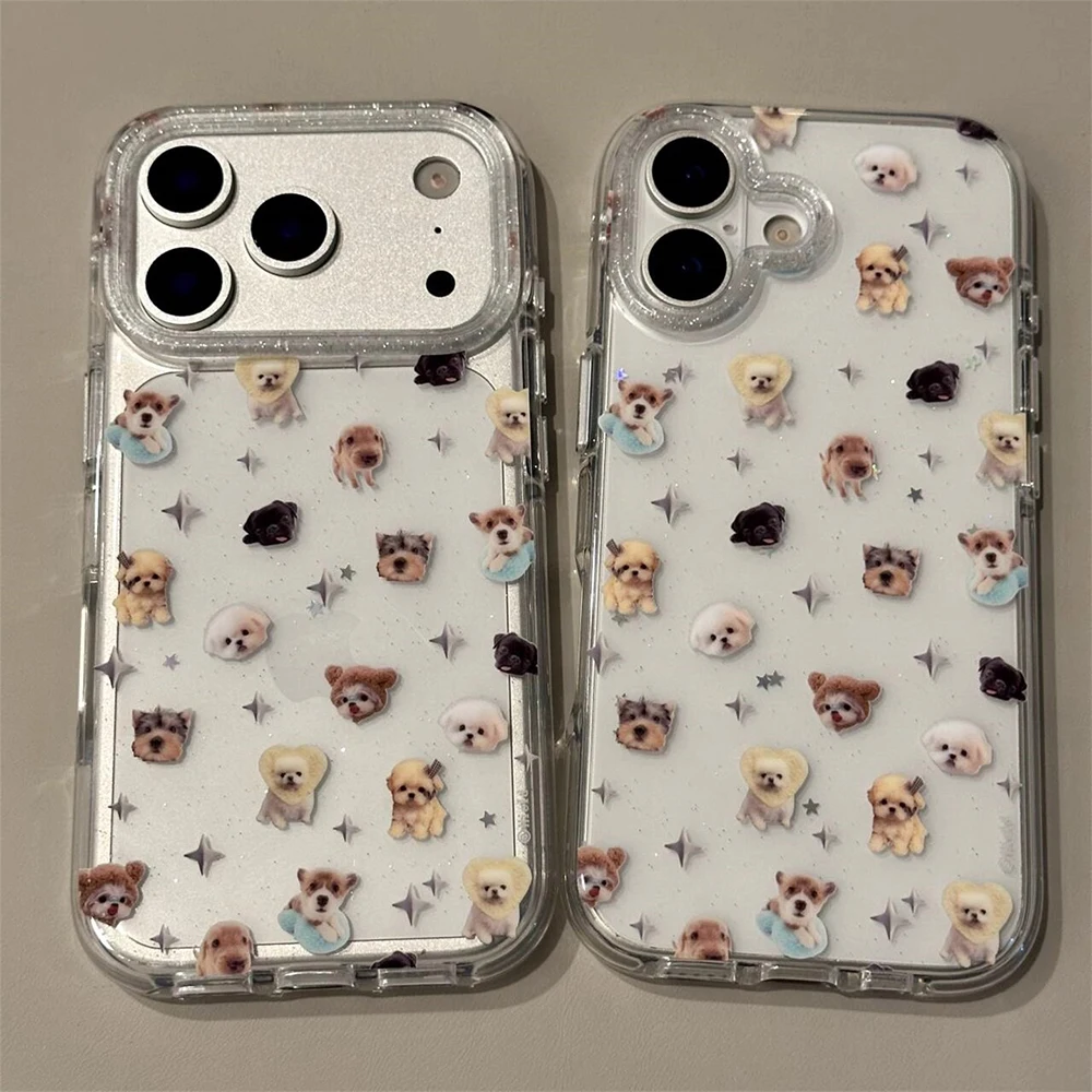 Niedliche Welpen-Cartoon-Kätzchen-Glitzer-Sternen-Transparente Hülle für iPhone 16 17Pro 13 14 15 18 Promax Stoßfeste Schutzhülle – Detail 5