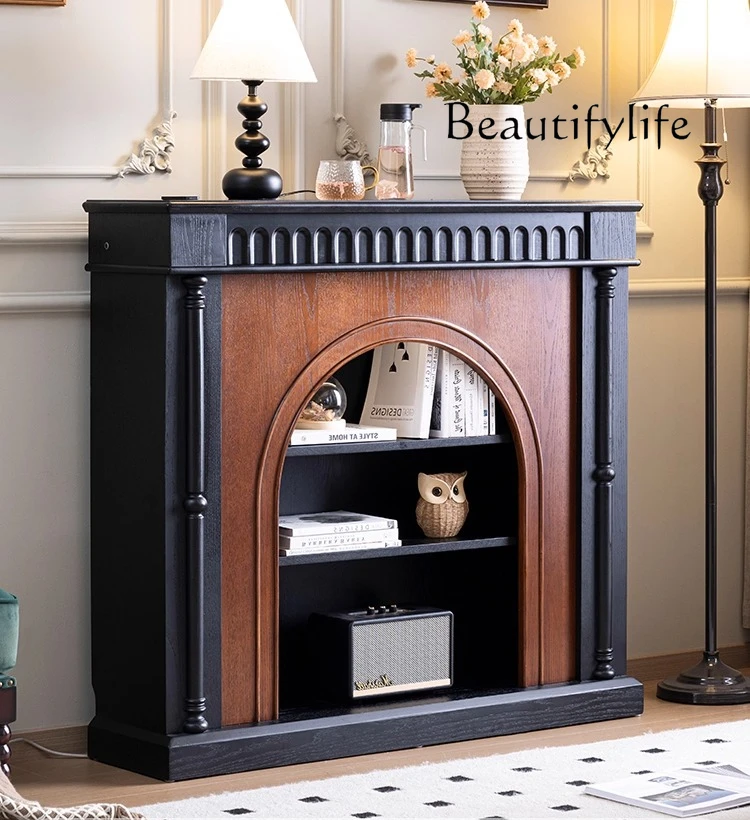 American retro solid wood fireplace decorative cabinet, antique entrance in living room, flame fireplace cabinet simulation fire