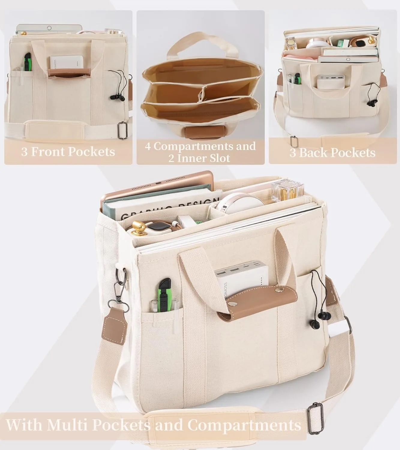 Canvas Draagtas Met Multi Pockets Crossbody Draagtas Voor Dames Trendy Schouderhandtas Met Compartimenten