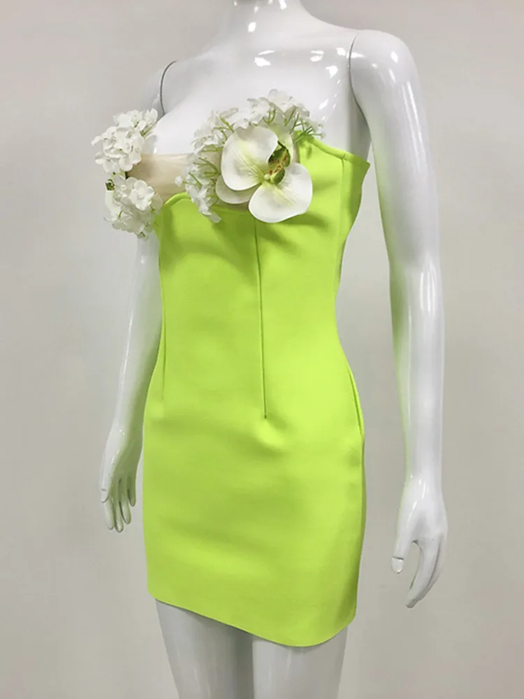 Women Celebrity Sexy Strapless Backless Neon Green Flower Mini Bodycon Bandage Dress 2024 Elegant Evening Club Party Outfit